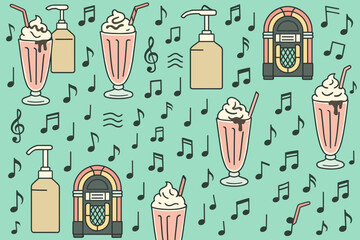 Colorful retro diner illustration featuring milkshakes, jukebox, and musical notes on a turquoise background