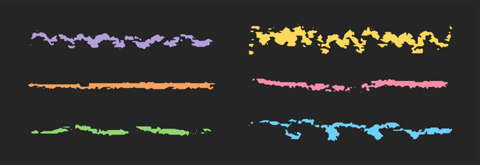 Swift crossed and wavy underlines. Lines by pen, pencil, marker. Color chalk curves. Vector charcoal strokes isolated on black background.