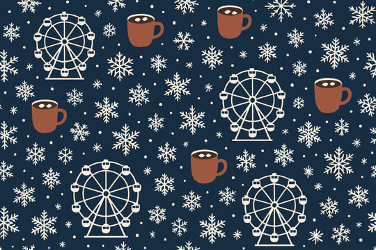 Winter carnival theme featuring ferris wheels and hot drinks against a snowy backdrop