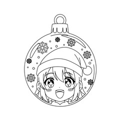 Obraz premium Joyful anime girl in Santa hat inside Christmas ornament, festive design