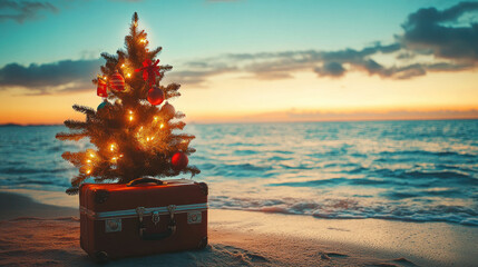 Small decorated Christmas tree and vibrant red suitcase resting on the beach at sunset, capturing the essence of a Christmas vacation in a warm, tropical climate