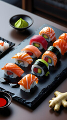 Japan – Sushi Platter: A traditional Japanese sushi platter with assorted nigiri and rolls (salmon, tuna, shrimp, avocado), served on a black slate board with soy sauce, wasabi, and pickled ginger