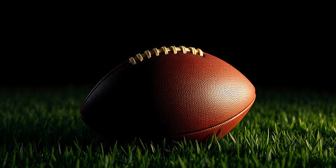 An American football rests on lush green grass under a dramatic, dark sky, with subtle light highlighting its texture, evoking an intense game atmosphere