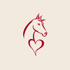 A simple, crimson sketch, depicting a horse's head with a heart-shaped neck on a cream background