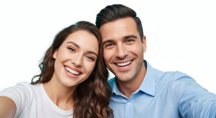 Happy couple taking a selfie, smiling and looking at the camera together