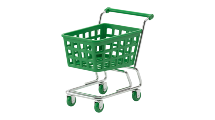 Bright green miniature shopping cart for online retail promotions and grocery store campaigns that needs a fresh, modern look and feel