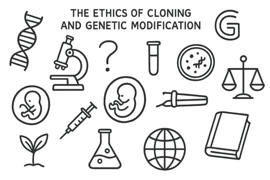 Genetic Modification Symbols. The ethics of cloning and genetic modification. Hand-drawn doodle illustration cloning and genetic modification DNA strand,
