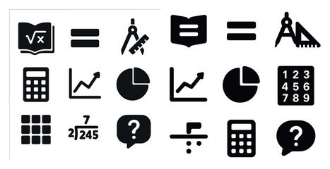 Math and education solid icons set – learning, calculation, teaching essentials
