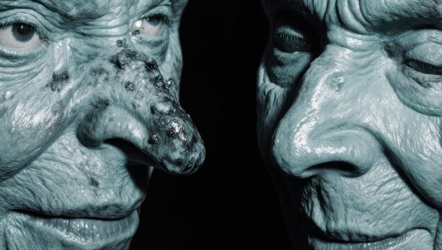 Two grotesque faces with exaggerated features and textured skin.