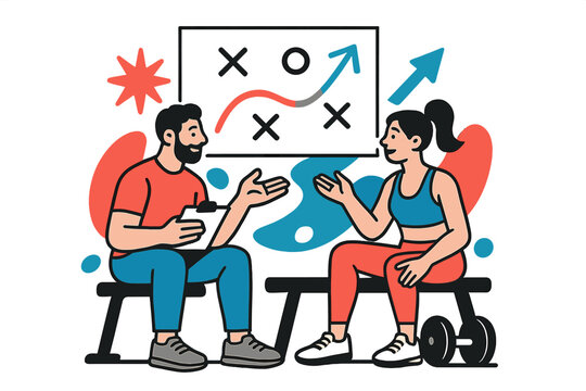 Strategic Gym Discussion. Discussion in Gym. Trainer and client seated on bench with glowing chart floating above, abstract spark and arrow shapes symbolizing