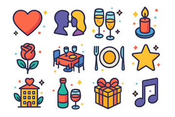 Romantic Dinner Icons. Romantic Dinner. Colorful isometric vector icons set of romantic dinner: heart, couple silhouette, champagne glasses, candle, flower,