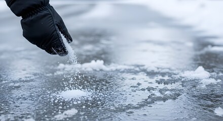 Close-up of gloved hand sprinkling salt on icy surface for winter safety