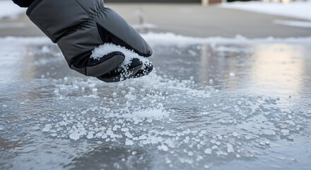 Gloved hand sprinkling ice melt on icy winter pavement for safety
