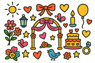 Naklejka premium Whimsical Wedding Icons. Wedding Decor. Colorful Hand-drawn doodle Children illustration flower bouquet, lantern, ribbon, bow, heart, star, butterfly, balloon,