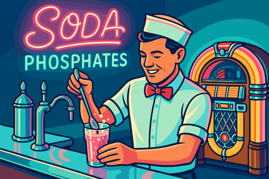 Vintage soda shop scene featuring a soda jerk mixing a drink with a jukebox in the background