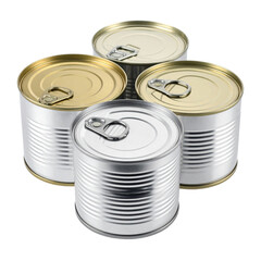 Four metal cans arranged, lids visible, with pull tabs. Close-up view, neutral background