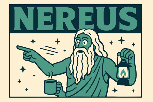 Nereus God Banner. Nereus God banner, flat vector illustration, bold oversized text inside rectangular frame, cartoon characters standing and pointing, holding