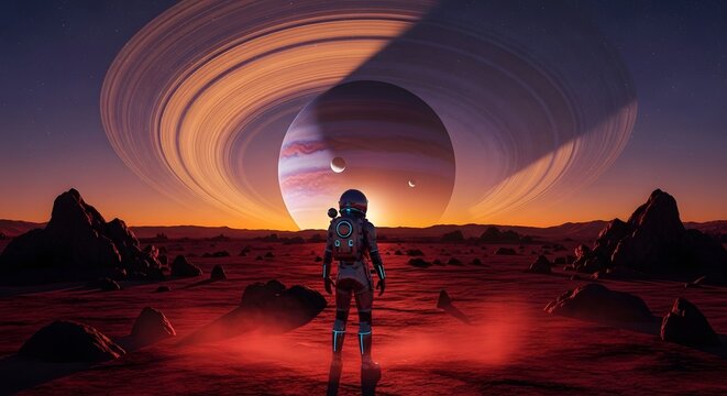 Astronaut on alien planet with ringed gas giant and moons at sunset