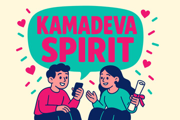 Kamadeva Celebration Banner. Kamadeva Spirit banner, flat vector illustration, bold oversized text inside rounded blob, cartoon characters sitting