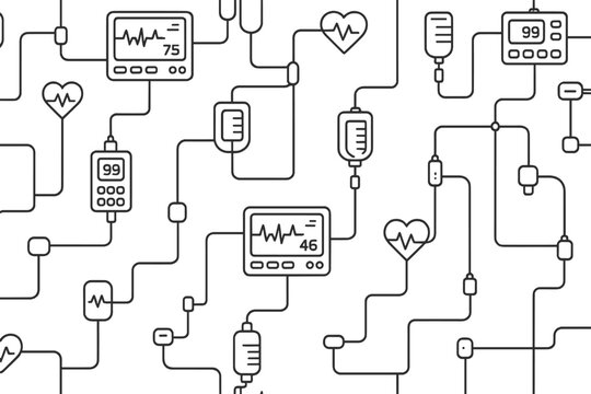 Lines and signals of a healthcare monitoring system with vital sign displays and medical equipment