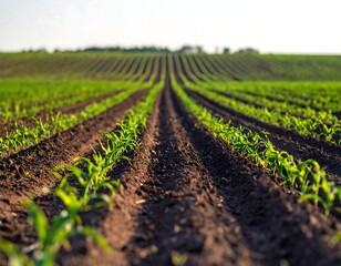 Rows of young, vibrant green plants growing in an expansive field