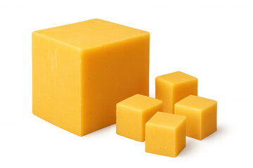 Fototapeta premium Yellow cheddar cheese block and smaller cubes for snacking, cooking, or food preparation, transparent background