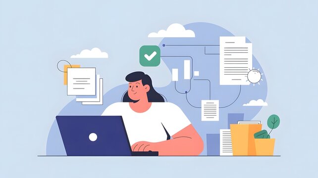 Document management concept. Person use laptop to paperless online approval for business process workflow illustrating management approval and project approve concept.