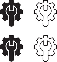 Isolated Maintenance icon set, black wrench symbols, gear, repair, service, fix, construction, minimal vector, solid and line outline, thin stroke, modern style, editable vector illustration