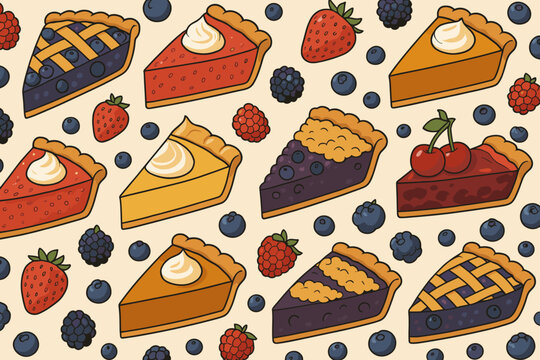 Colorful assortment of various fruit pies arranged neatly on a light background