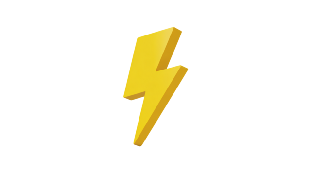 3D rendered yellow lightning bolt for energy, power, and electrical concepts, perfect for web design, presentations, and graphic design projects