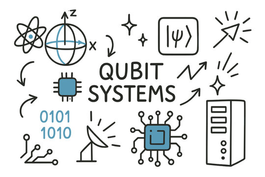 Quantum Computing Doodle. Qubit Systems. Hand-drawn doodle illustration Bloch sphere (colored), qubit symbol (colored), atom, chip, circuit board (colored),