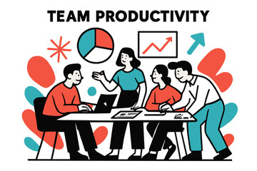 Naklejka premium Collaborative Team Dynamics. Team Productivity. A glowing group working around a table with charts floating above, abstract spark and arrow icons symbolizing