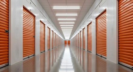 Empty indoor storage facility with orange doors and bright lighting in modern corridor