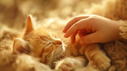 Child’s small hand gently touching a fluffy kitten in warm golden light.