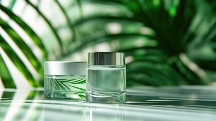 Glass jar of cosmetic cream with green tropical leaves on bright background, natural skincare and beauty product concept.