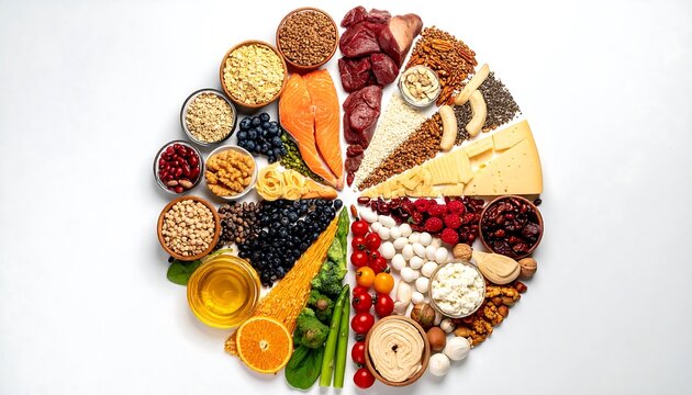 Colorful and Diverse Food Platter on White Background.