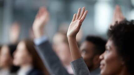 Dynamic side profile of a diverse, multi-ethnic audience in a row, actively raising hands to ask questions. Engaged expressions, modern conference setting.