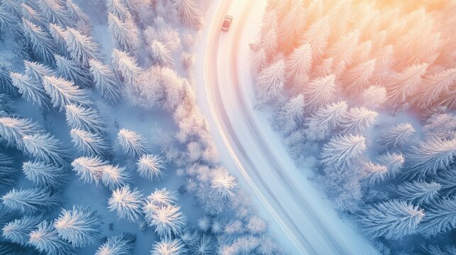 Aerial view of car driving through snow-covered forest road in winter, scenic cold landscape.
