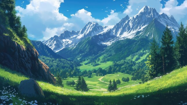 Majestic anime-style mountain valley with green meadows, pine trees and bright blue sky, stunning digital art fantasy landscape.