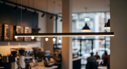Fototapeta premium Cozy café interior with modern lighting and blurred background of customers