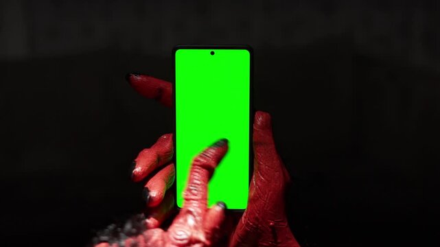 Demon, scary monster hands with claws swiping, scrolling, tapping, browsing with smartphone featuring green screen, Halloween horror concept