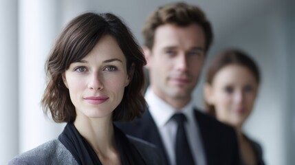 Three focused businesspeople, two women and one man, posing formally in a contemporary office corridor. Professional corporate image.
