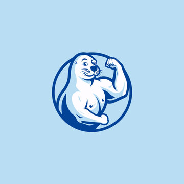 A buff cartoonish sea creature, flexing its bicep. It is in a blue circle on a light blue backdrop