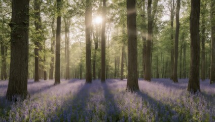 Fototapeta premium Sunlit forest floor blanketed in bluebells, dappled light through tall trees, early morning