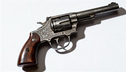 Ornately engraved vintage revolver with wooden grip on a white background