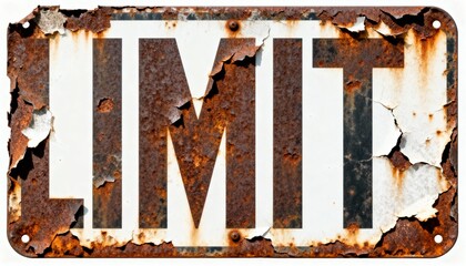 A close-up of a weathered and rusty metal sign with the word 'LIMIT'