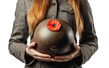 Young woman in army dress uniform posing with helmet symbolizing honor, duty, and strength isolated on transparent background PNG