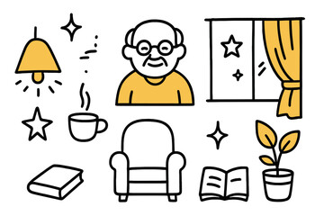Cozy Evening Doodle. Evening Light. Hand-drawn doodle illustration lamp (colored), elderly person (colored), curtain (colored), sparkle, star, window, chair,
