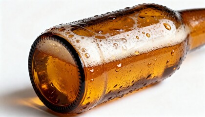 Close-up of a cold amber beer bottle with condensation and foam