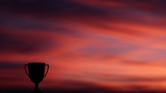 Elegant champion cup, silhouetted against a vibrant, fiery sunset sky, evoking powerful achievement and inspiring success.